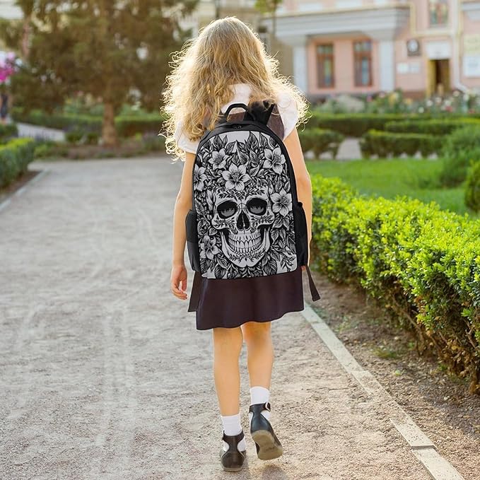 Men Women Lightweight Skull Head Black Daypack Bookbag Big Capacity Carry On Bag With Side Pockets for Camping Travel Bicycle
