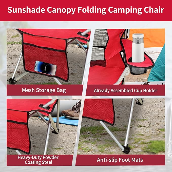 Portable Folding Camping Chair - Lightweight, Durable Outdoor Chair for Camping, Fishing, Beach, Lawn, and More - Comfortable Folding Chairs for Outside Activities (RED)