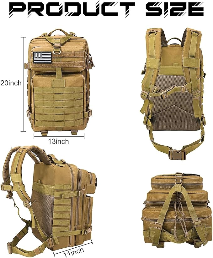 WOLT Military Tactical Backpack for Men 45L Molle Backpack 3 Day Assault Pack Bug Out Bag, Heavy Duty Rucksack for Hiking Gym(Khaki)