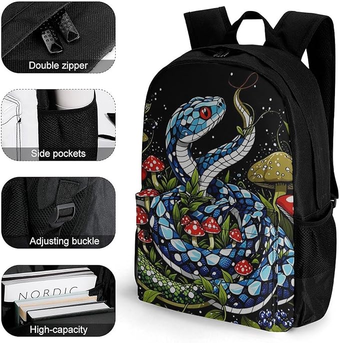 Men Women Polyester Trippy Mushroom Snake Art Daypack Big Capacity Shoulder Bag With Smooth Zippers for Hiking Work Walking Cycling
