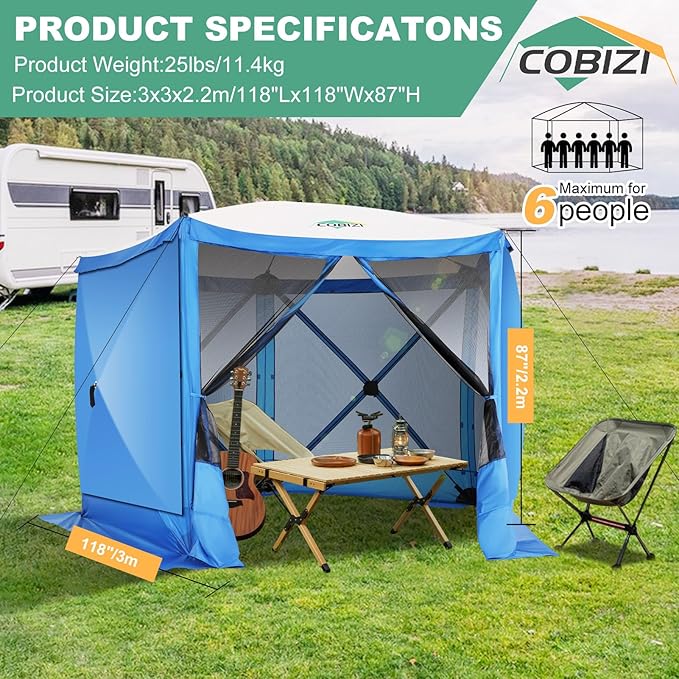 COBIZI 10x10 FT Pop up Gazebo, Popup Canopy tent, Screened In Gazebos with sidewalls, Waterproof Portable Outdoor Small Screen tents Sun Shelter,carpas para patio for Camping, Garden and Backyard,Blue