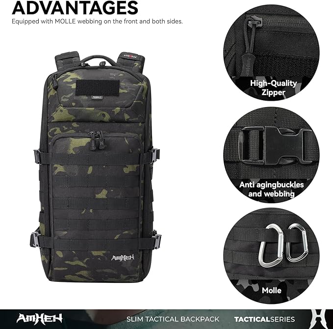 20L Slim Tactical Backpack - Suspended 13" Laptop Compartment, Rugged MOLLE Daypack for Everyday Carry, Work, Travel (Black Camo)
