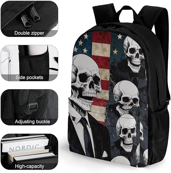 Men Women Lightweight Skull American Flag Blue Red White Backpack Large Capacity Carry On Bag With Padded Straps for Sports Work Walking Cycling