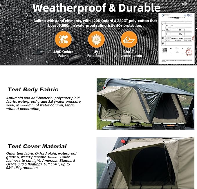 Naturnest Sirius1 Hardshell Roof Top Tent, All-Weather Overland Camping for SUV, Truck, 4-Season 2-3 Person HeavyDuty Rooftop Tent with Memory Foam Mattress, Built-in LED Lighting & Ventilation System