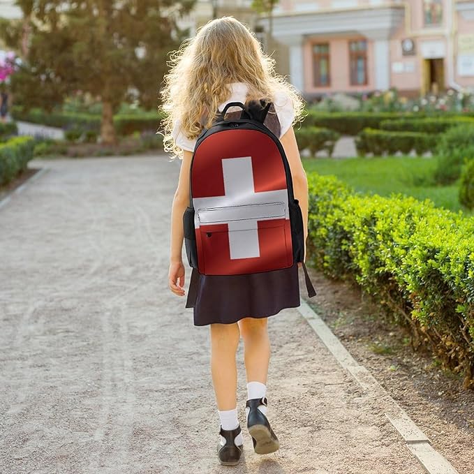 Men Women Polyester Flag Of Switzerland Backpack Large Capacity Bookbag With Smooth Zippers for Climbing Picnic Bicycle