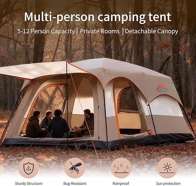 Large Family Standing Upright Camping Tent - 5-12 Persons Multi-Room Waterproof Tent with Screened Porch - Glamping Tent for Outdoor Camping & Family Vacation