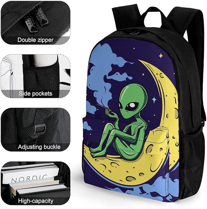 Supdreamc Rucksacks Lightweight Multipurpose Anti-Theft Funny Alien Moon Sky Shoulder Bag Big Capacity Laptop Book Bag Rucksack With Padded Straps