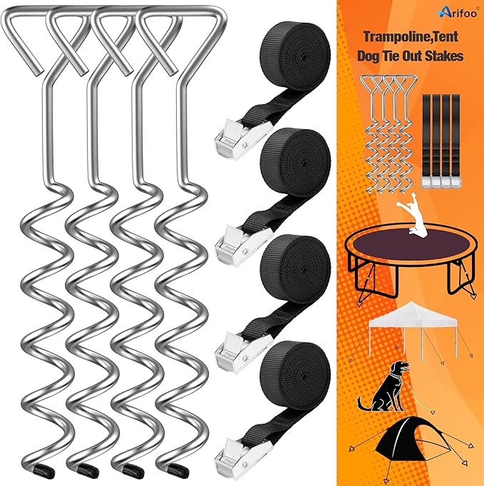 Trampoline Stakes Heavy Duty Strong and Galvanized Steel Corkscrew High Wind Anchor Kit for Trampoline Camping Tents Tie Down Anchors