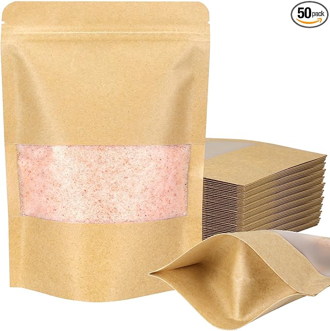 Blisstime Stand Up Pouches, 50 Pack Kraft Paper Bags with Matte Window and Tear Notch Resealable Bags for Small Business Home Use (4.8 x 6.5 Inches)