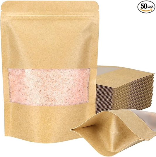 Blisstime Stand Up Pouches, 50 Pack Kraft Paper Bags with Matte Window and Tear Notch Resealable Bags for Small Business Home Use (4.8 x 6.5 Inches)