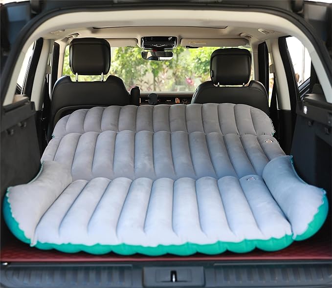 SUV Air Mattress Thickened and Double Side Flocked Travel Outdoor Mattress Back Camping Sleeping Pads for SUV Back Seat 4 Air Bags（Fruit Green and Space Gray）