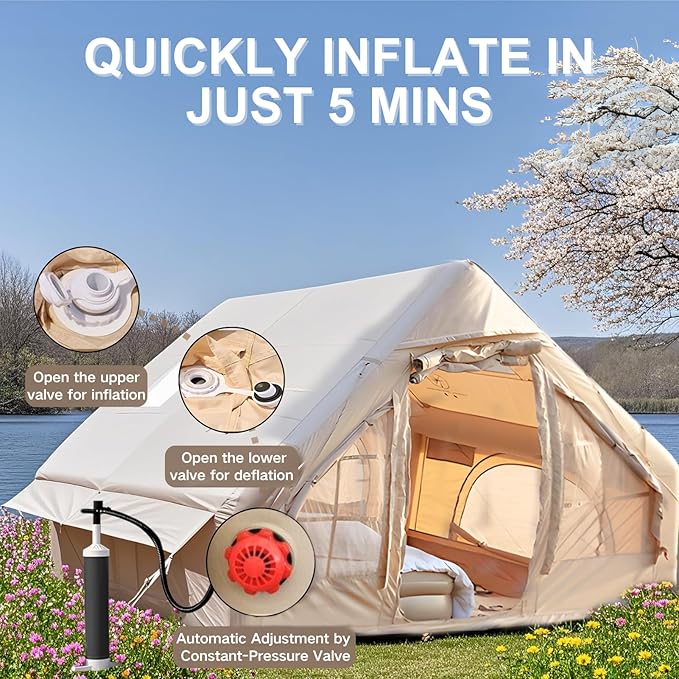 Inflatable Tent, Outdoor Easy Setup Inflatable Tents for Camping, Portable Blow Up Tent with Stove Jack, Cotton Canvas Material for Glamping, for 4 Season, 4/6/8/10 Person Use