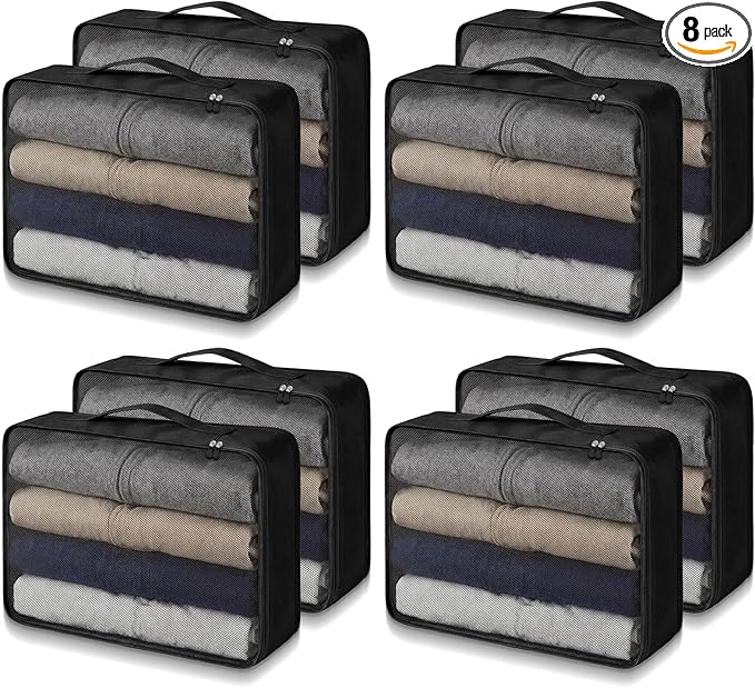 Silkfly 8 Pcs XL Packing Cube for Travel Luggage Organizer Suitcase High Capacity Large Packing Bag Bulk Reusable Mesh Travel Cube for Hiking Camping Accessory, 17.7 x 13 x 4.7 Inch (Black)