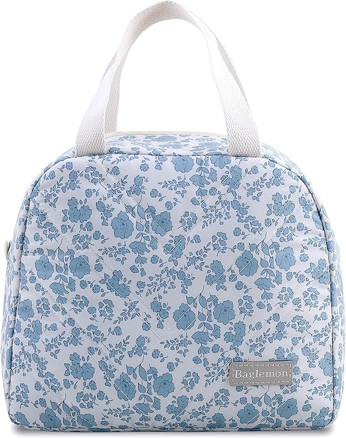 Insulated Lunch Bag for Women – Stylish Reusable Lunch Tote, Cute Thermal Lunch Bags for for Work&Picnic&Travel – Premium Insulated Lunch Bag for Women with Quilted Design (CottonBlueFlower)
