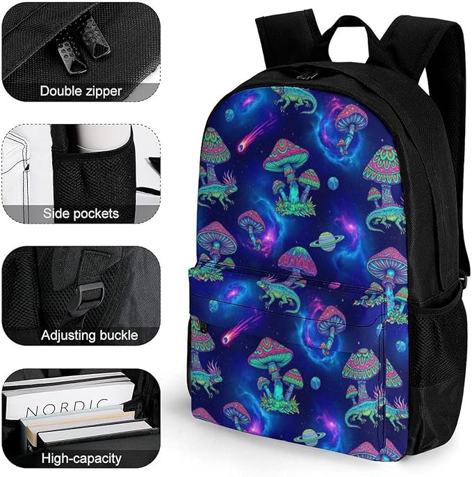 Polyester Daypack Backpack for Trekking Picnic Walking Cycling, Large Capacity Anti-Theft Multipurpose Shoulder Bag, Trippy Mushrooms Casual Daypack