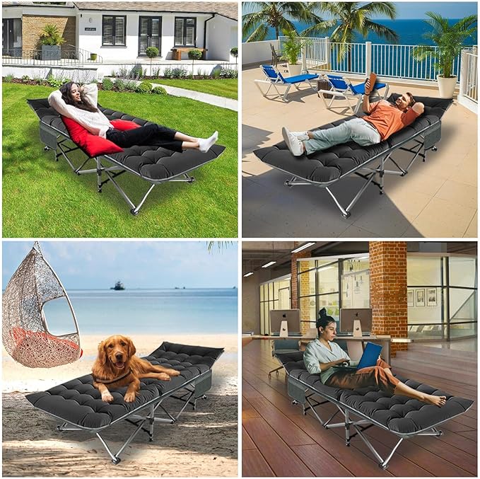 Big RED Camping Cot, Folding Camping Cots for Adults, 1200D Double Layer Oxford Portable Folding Outdoor Cots for Camping W/Soft Pad Carry Bag for Home Office Nap Beach Travel