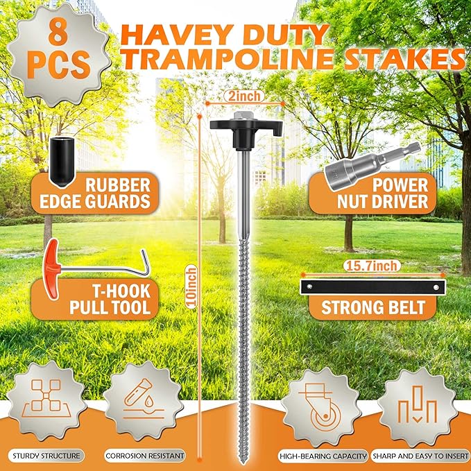 Trampoline Stakes Heavy Duty, 10 Inch 8 Pack Ground Anchor Screw in, Trampoline Earth Anchor Kit with Straps Tent Stakes High Wind Swing Set Accessories for Camping, Securing Animals, Canopy, Sheds