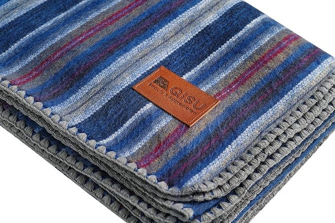 QISU Alpaca Wool Blanket Throw | Large, Beautiful, Warm, Variegated | 85 x 65 inches | Ultra-Soft, Hypoallergenic and Breathable | Non-Itchy or Scratchy (Deep Blue Splash)