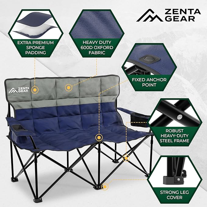 Oversized Fully Padded Double Camping Chair, Portable Folding Loveseat w/Side & Back Pockets, Adjustable Armrests, Double-Sized Cup Holders for Outdoor, Indoor, Supports 530LBS (Dark Navy)