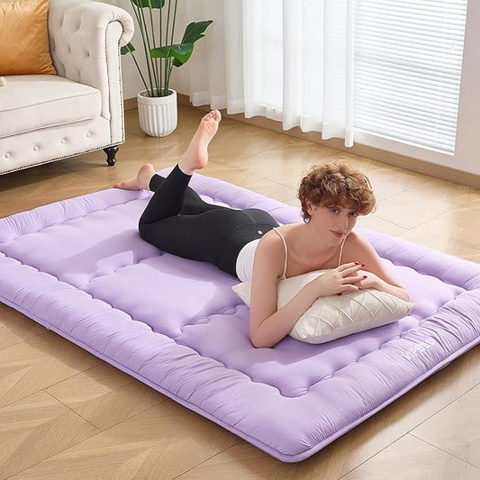 Japanese Floor Futon Mattress Queen Size, 4" Thicken Foldable Mattress Tatami Mat Sleeping Pad, 25D Foam Filled Traditional Shiki Futon (shikibuton), Designed in Japan (Purple 60"x 80")
