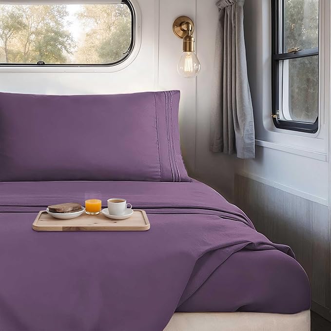 Hearth & Harbor Short Queen Sheets for RV, Purple RV Queen Sheets, Silky Soft 1800 Microfiber Bed Sheet for Camper, 4 Piece RV Bedding with Pillowcases