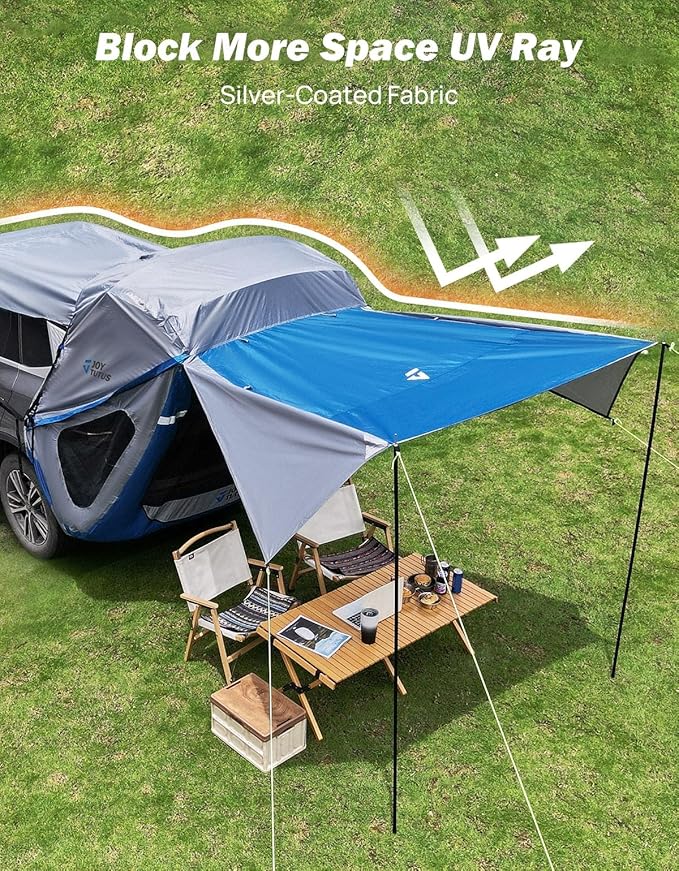 JOYTUTUS SUV Tailgate Tent with Three Sides Awning and Poles, Water Resistant SUV Camping Tent with Car Roof Cover, Car Camping Universal Fit Most SUVs, Cars, Grey Blue