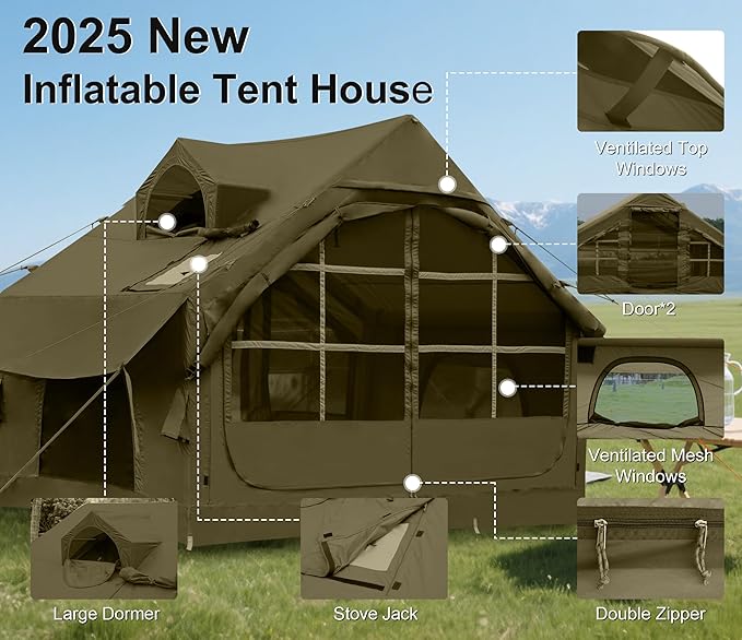 Inflatable Tents for Camping with Stove Jack, 2/4/6/8 Person Easy Setup Blow Up Tents for 4 Seasons Waterproof Inflatable Camping Tent with Awning, Air House Glamping Tents for Camping Adult