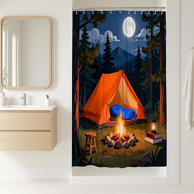 Tent Stall Shower Curtain, Outdoor Adventure Campfire Moon Summer Orange Polyester Waterproof Design Print Bath Curtains Decor for Toile Bathroom Dorm 36x72 Inch