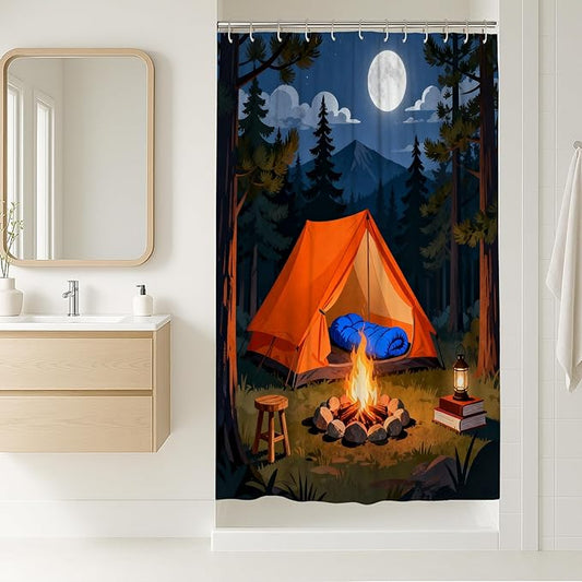 Tent Stall Shower Curtain, Outdoor Adventure Campfire Moon Summer Orange Polyester Waterproof Design Print Bath Curtains Decor for Toile Bathroom Dorm 36x72 Inch