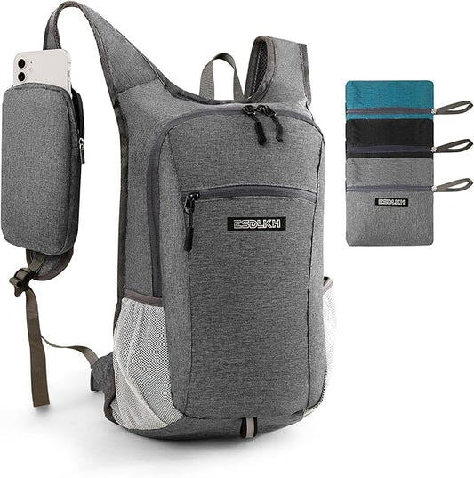 Small Hiking Backpack with Detachable Front Phone Holder, Foldable Packable Back pack with Chest and Waist Strap, Lightweight Daypack for Women Men (Gray, 15L)