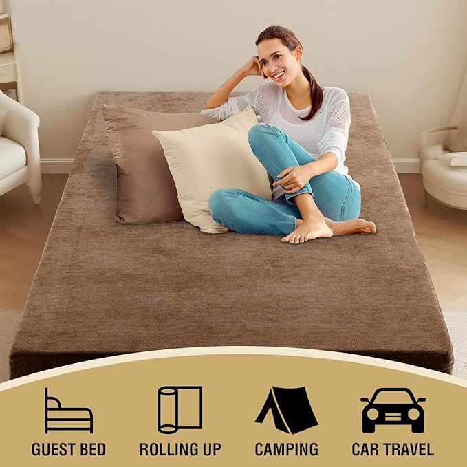 H.VERSAILTEX Full Size Armless Futon Mattress Covers for Traditional Japanese Futon Mattress Soft Mixed-Color Chenille Couch Slipcovers Floor Mats Sofa Protector Zippered Sleeper Sofa Cover,Caramel
