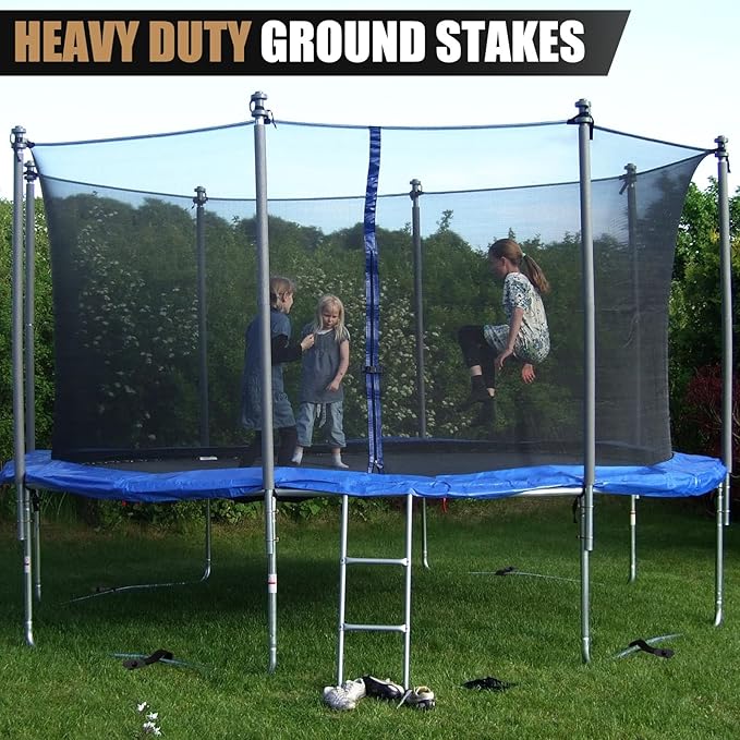 LEIFIDE 12 Set Trampoline Stakes Wind Anchor Kit Heavy Duty Ground Anchors Trampoline Spiral Stakes with Belt Straps (Black)
