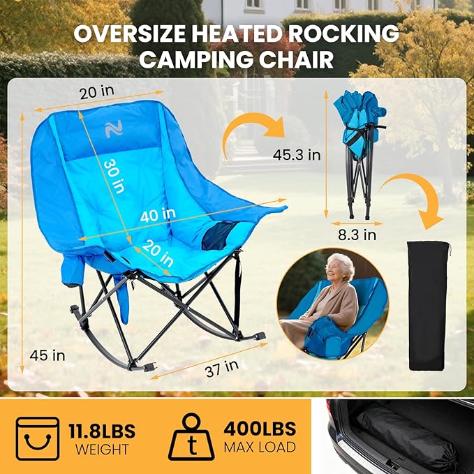 Begonia.K Oversized Heated Rocking Camping Chair - 400lbs Capacity Padded Camping Recliner w/ 3 Levels Back Seat Heat - Folding Lawn Chair with Side Pockets for Camp Patio Backyard