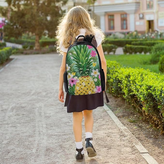 Men Women Polyester Hawaiian Pineapple Flowers Floral Backpack Large Capacity Bookbag With Smooth Zippers for Climbing Picnic Bicycle