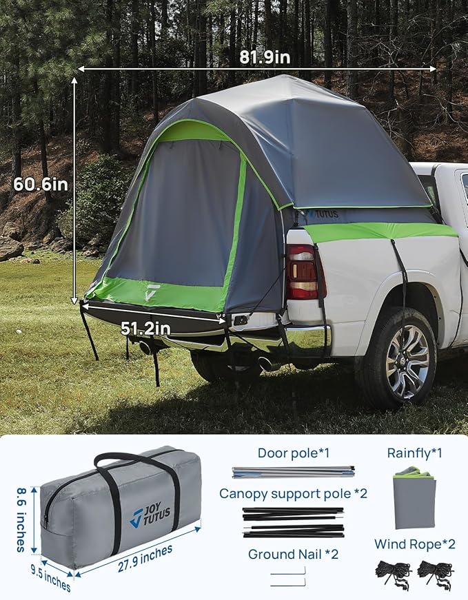 JOYTUTUS Semi-Automatic Truck Bed Tent with Awning, Easy Set-up with Pre-Assembled Design, 2 Person Portable Truck Camping Tent with Rainfly for 5.0FT-6.5FT Pickup Truck Bed, Waterproof PU2000mm