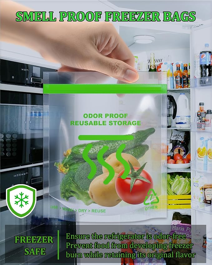 Smell Proof Food Bags - 8.5 x 10 Inch Smell Proof Freezer Bags for Camping and Food Storage - Reusable Odor Proof Bags Stand Up Clear Double Zip and Odor Control(5 Pack)