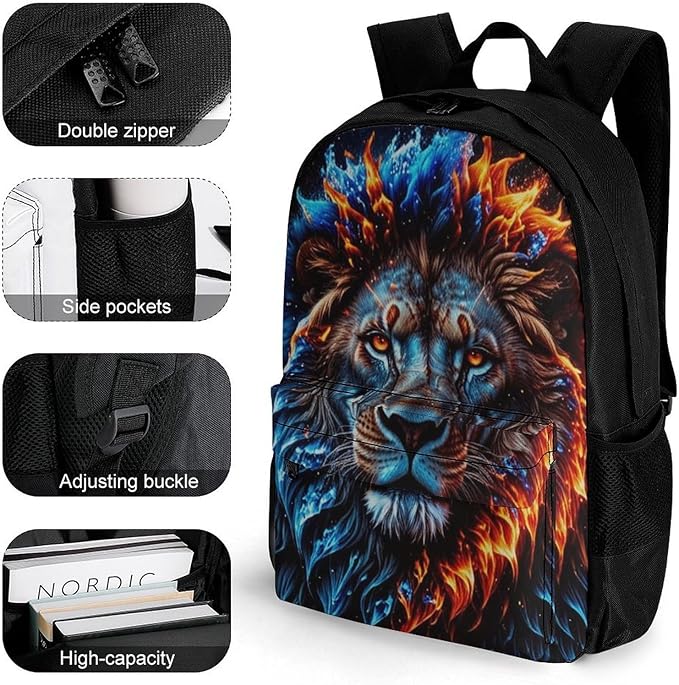 Daypack Backpack Anti-Theft Multipurpose Large Capacity Carry On Bag, Cool Lion Fire Surreal Style Art Traveling Camping Backpack With Side Pockets