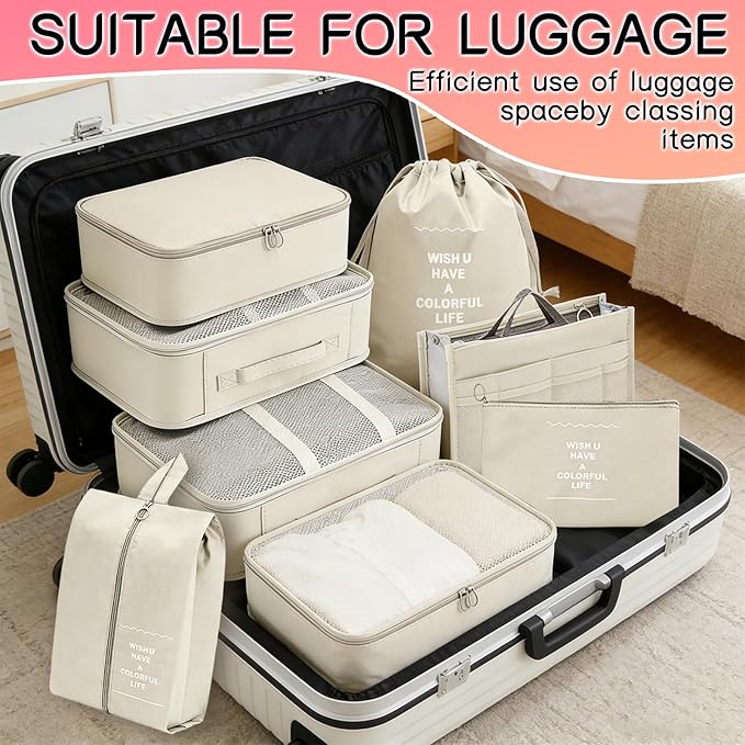 Packing Cubes for Travel - 8 PCS Compression Packing Organizers Set, Water-Resistant Luggage Organizers with Laundry Bag for Suitcase, Travel Bags Organizer for Efficient Packing (Black)