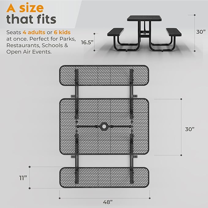 Metal Picnic Furniture for Outdoors with Umbrella Hole - Coated Steel Heavy Duty Commercial Grade Table with Adjustable Seats, Patio Set for a Lifetime (Black, 4' Rectangular)