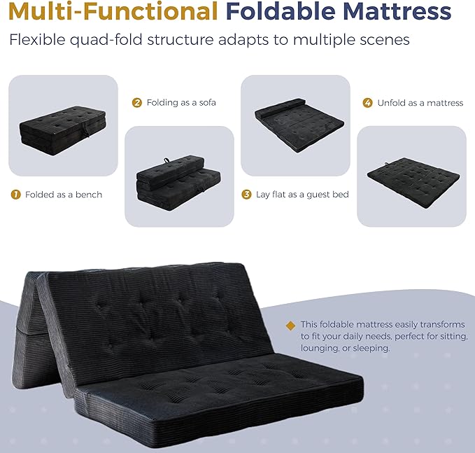 MAXYOYO Folding Mattress, 4 Inch Tufted Foldable Mattress Full Foam Bed, Tri-Fold Floor Couch with Handles Guest Bed Topper Portable Camping Mat with Corded Fabric, Full Size, Black