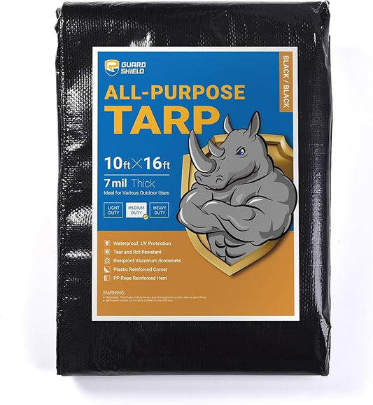 GUARD SHIELD Black Tarp Waterproof 10x16 Feet Medium Duty All Purpose Poly Tarps Cover 7mil