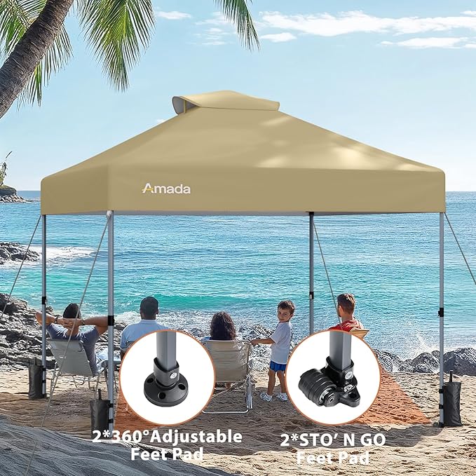 Amada 10x10 Pop Up Canopy - Center Lock One Push Instant Setup Gazebo Outdoor Canopy Beach Tent with STO-N-Go Bag 8 Stakes & 4 Sand Bags, 3-Height Adjustable Shade Shelter (10x10ft, Khaki)