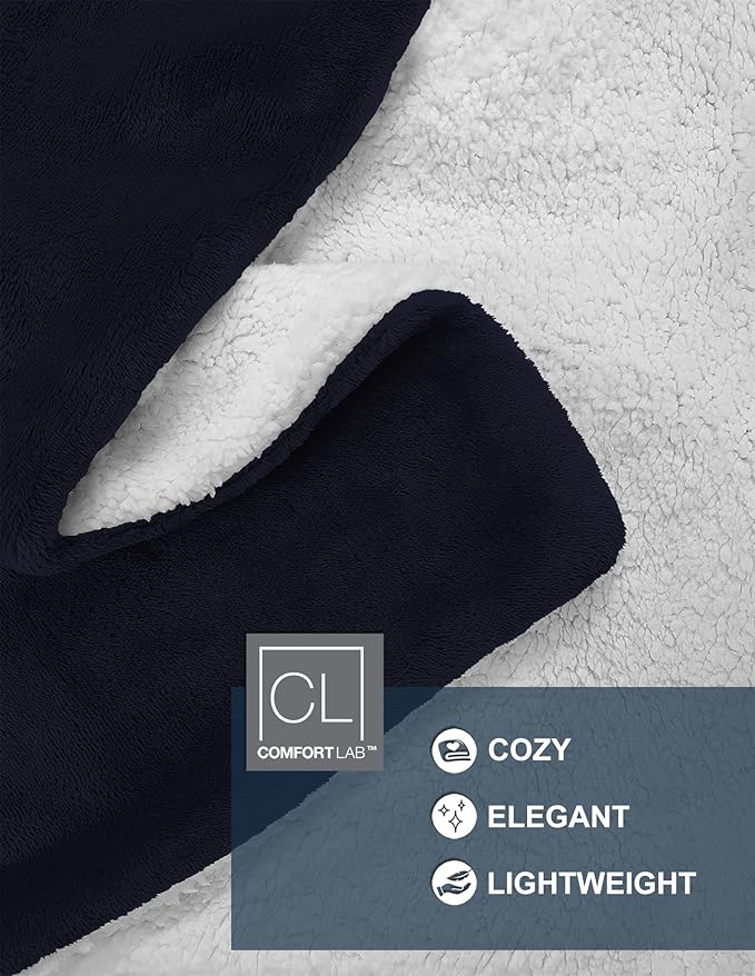 Comfort Lab Reversible Flannel Sherpa Blanket - Elegant Fluffy Bed Blankets for Bedroom and Home Decor - Anti Pilling Non Shedding Cozy & Warm Fleece Cover - Twin/Twin XL (66" x 90") - Navy