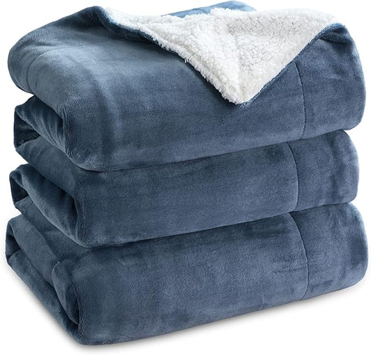 Bedsure GentleSoft Sherpa Fleece Blankets Queen Size for Bed - Thick and Warm, Soft Fuzzy Plush Queen Blanket for Winter, Slate Blue, 90x90 Inches