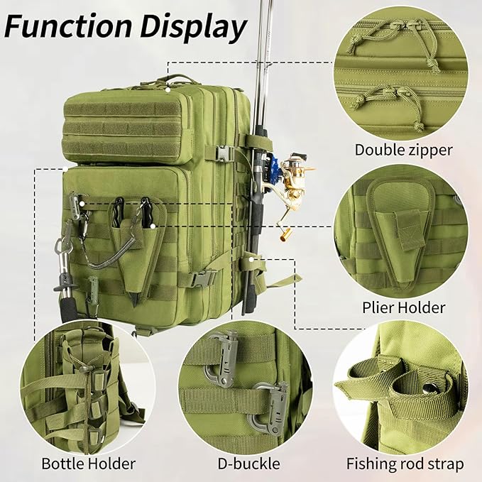 Large 45L Tactical Fishing Tackle Backpack with Removable Plier Holder & Rod Holders Storage Fishing Gear and Equipment Tackle Bag Hiking Backpack without Tackle Boxes Green