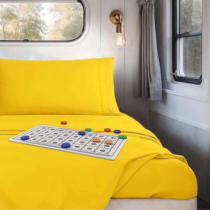Hearth & Harbor Short Queen Sheets for RV, Yellow RV Queen Sheets, Silky Soft 1800 Microfiber Bed Sheet for Camper, 4 Piece RV Bedding with Pillowcases