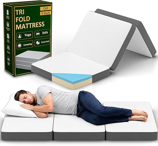 Treaton, 3-Inch Tri-Folding Gel Memory Foam Portable Floor Mattress Breathable Mesh, Ultra Soft, Cot Pad, Removable and Washable Cover, Comfortable Support, Therapeutic Qualities, 31-Inch, White