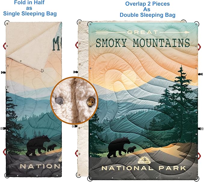 Sherpa Puffy Outdoor Camping Blanket for Traveling, Picnics, Beach, Concert, Car, Stadium, Sporting Events - Wearable Warm Waterproof - 55 X 78 (Great Smoky Mountains NP)