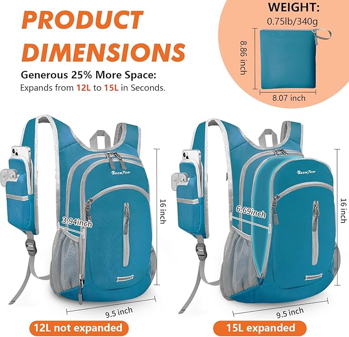 Seektop Expandable Small Hiking Backpack 12L-15L Lightweight Packable Waterproof Daypack with Phone Pocket for Women Men