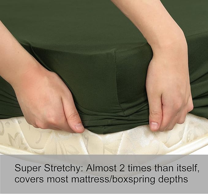 Soft Stretch King Size Fitted Sheet Only - Jersey Knit & Cozy T-Shirt Like, 4-Way Stretchy Snug Fit & Wrinkle Free, No More Slipping Mattress Sheets - Dark Olive Green, King